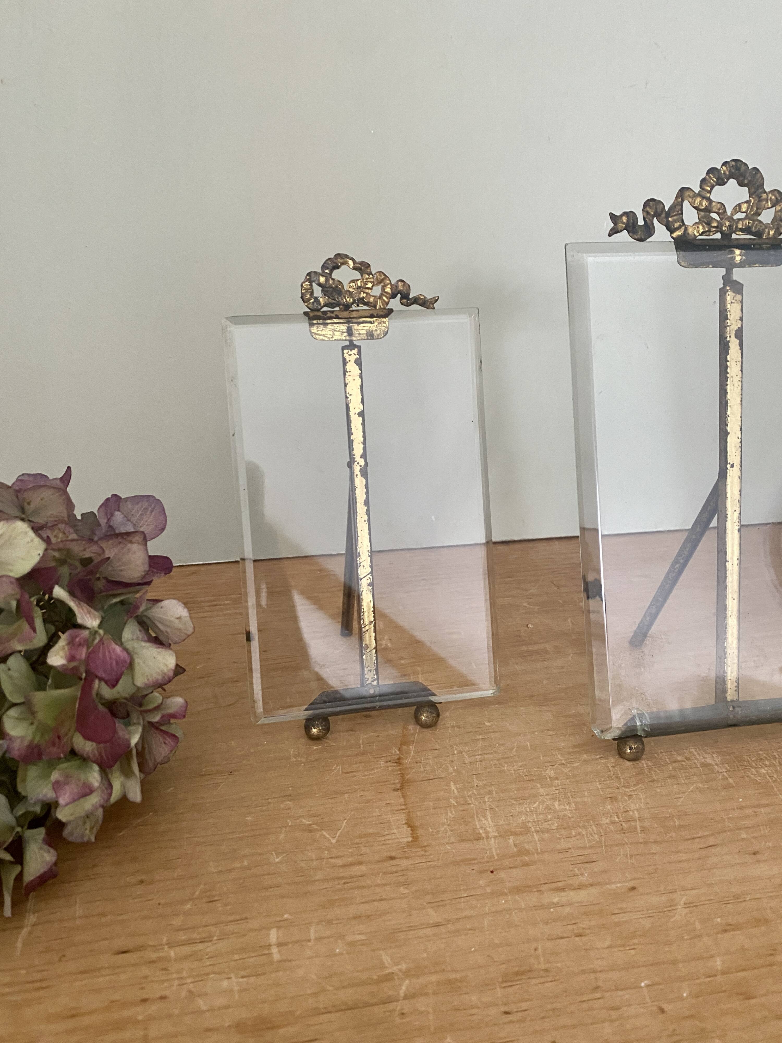 Lot de 3 cadres anciens art déco en verre biseauté et laiton