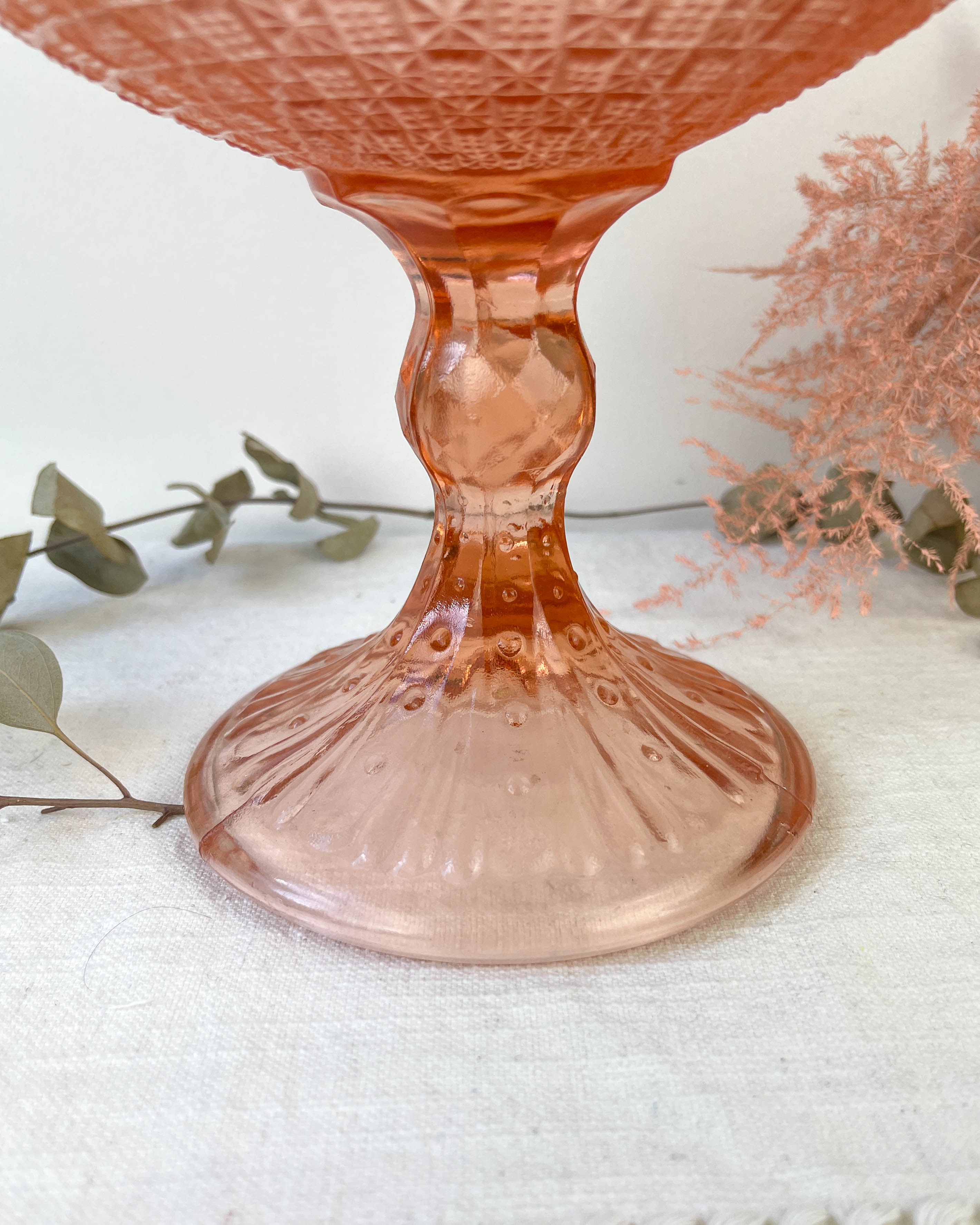 Vintage pink depression glass standing cut 50s