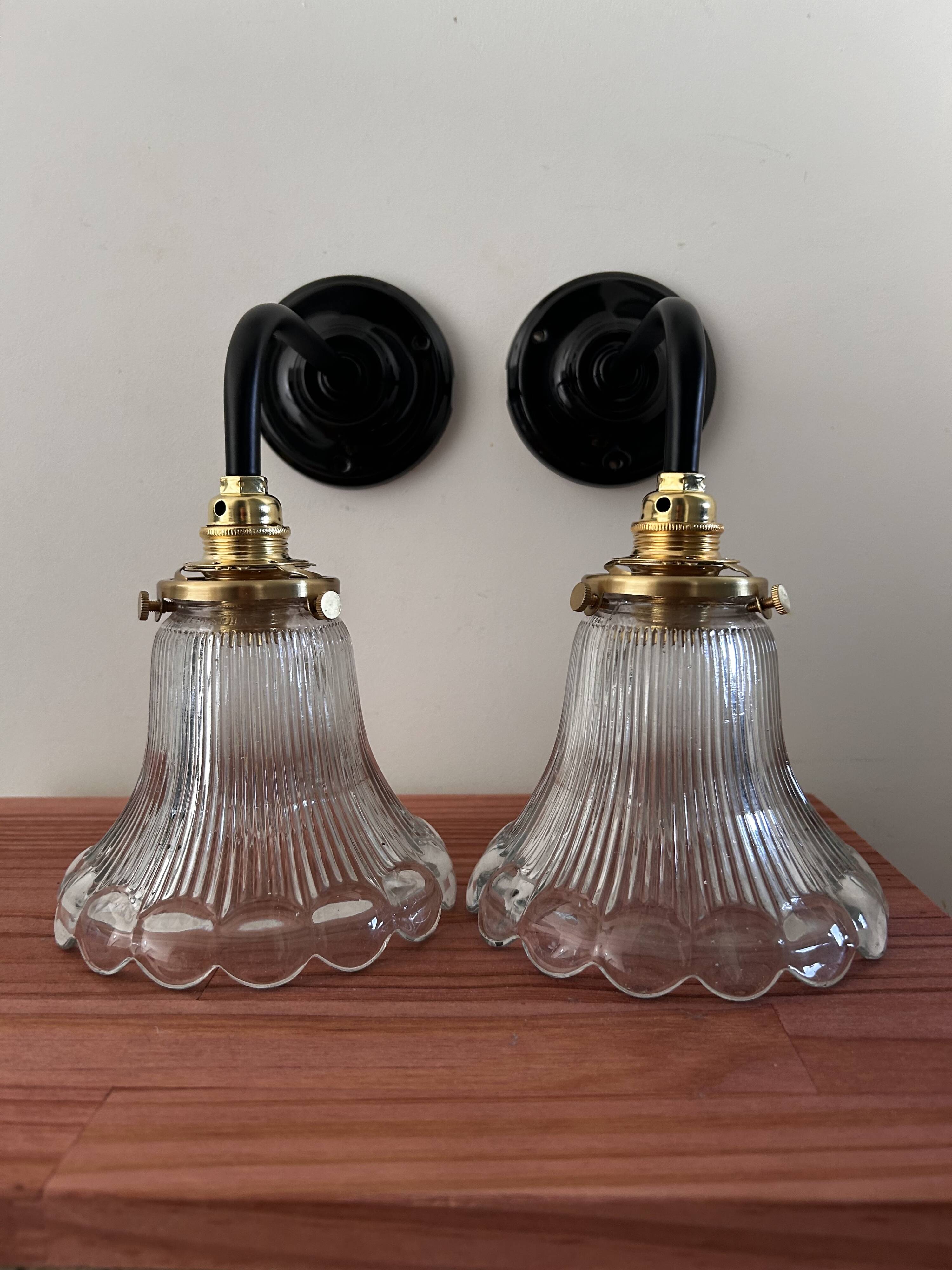 Pair of holophane glass wall lights