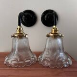Pair of holophane glass wall lights