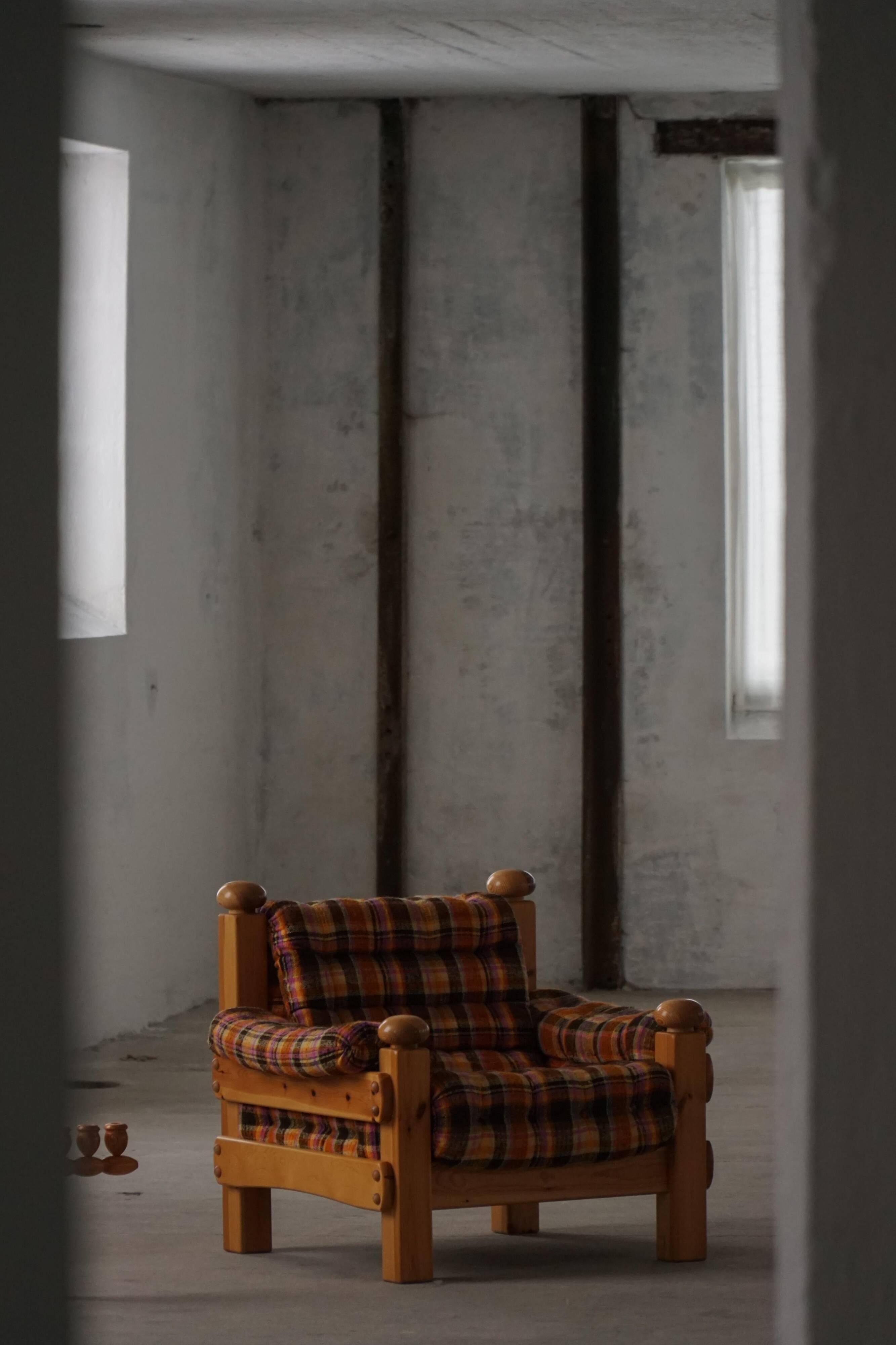 Brutalist lounge chair in solid pine, Swedish modern, made in the 1970s.