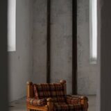 Brutalist lounge chair in solid pine, Swedish modern, made in the 1970s.