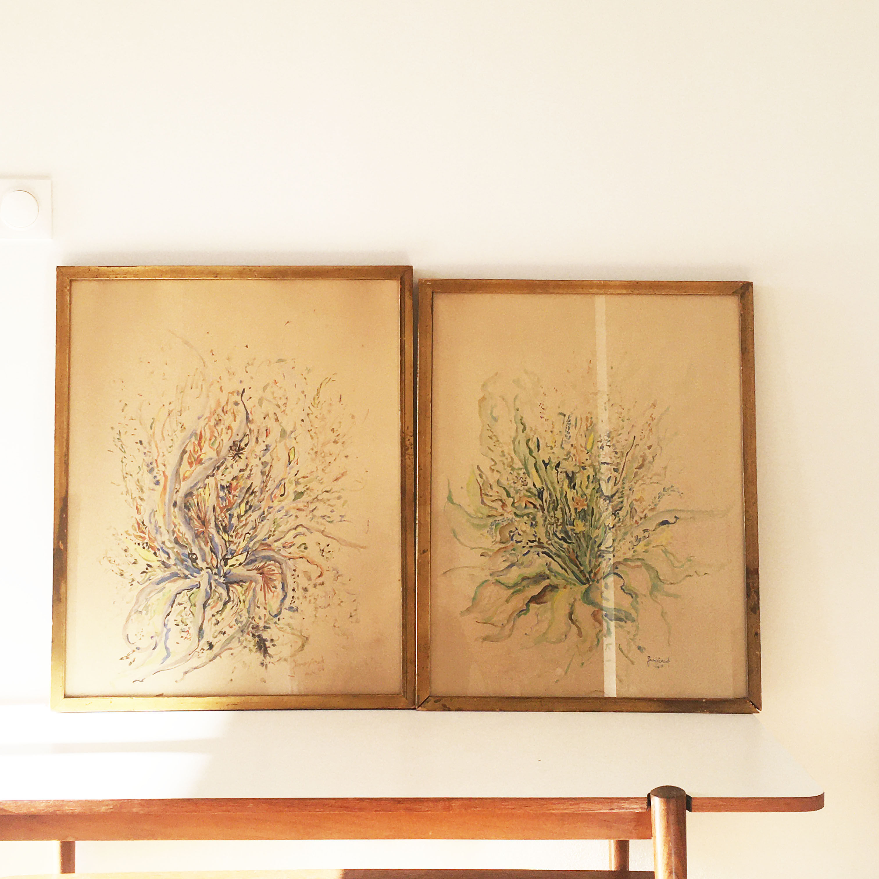 Pair of vintage paintings 1950 frame gilded wood