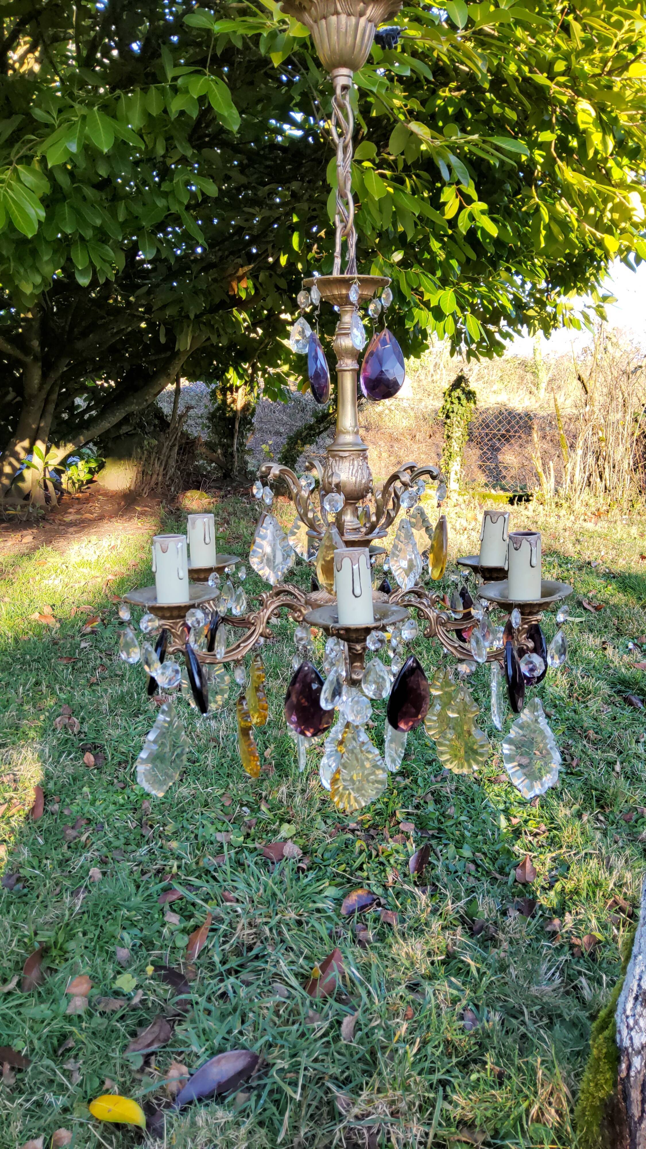 Bronze chandelier with grapevines of amber purple crystal color 6 branches