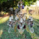 Bronze chandelier with grapevines of amber purple crystal color 6 branches