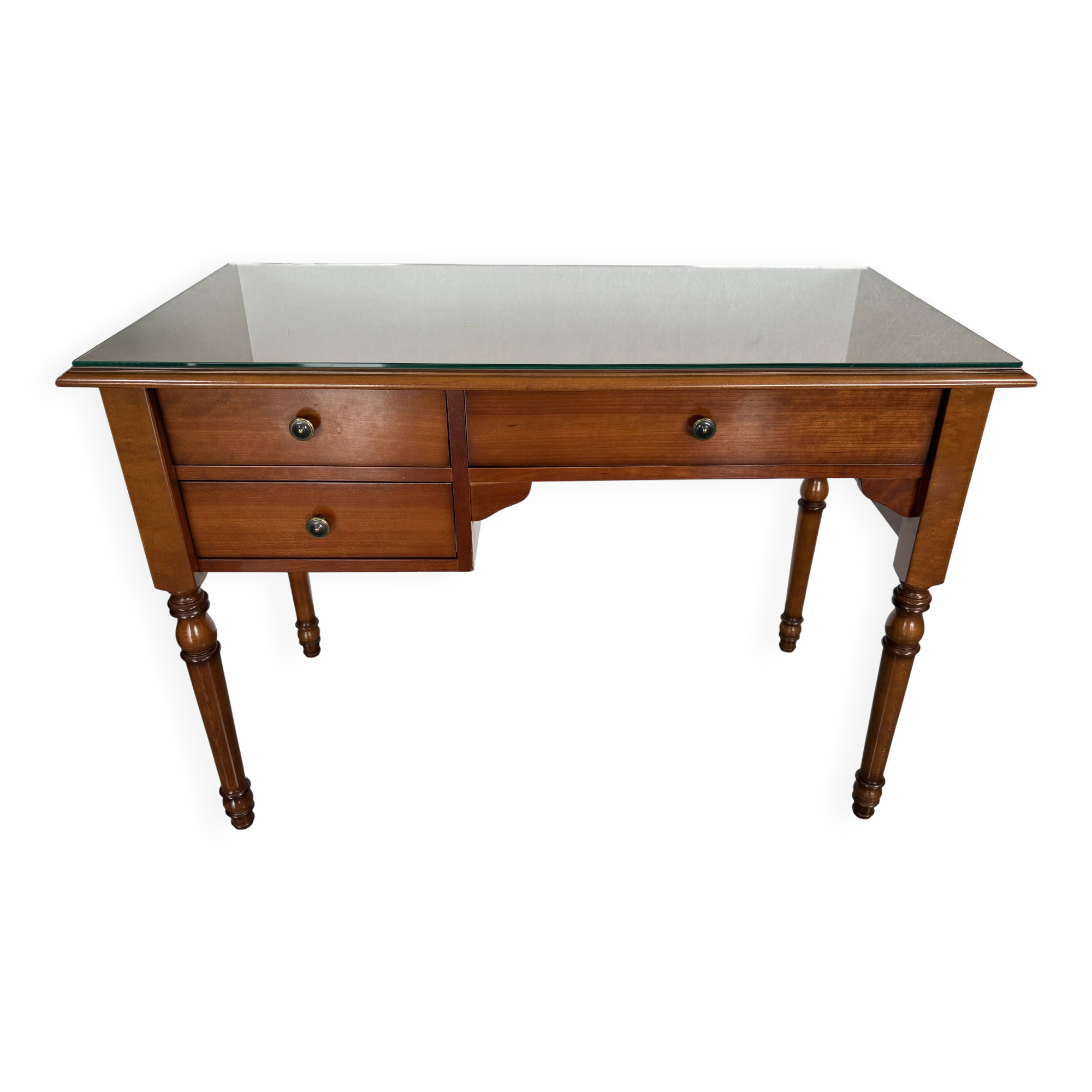 Vintage desk in solid beech stained cherry with glass top