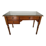 Vintage desk in solid beech stained cherry with glass top
