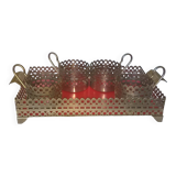 Serving tea tray with 4 glass holders in vintage silver metal