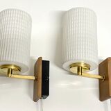 Pair of Scandinavian Wall Lights - Opaline Brass Wood - 50's 60's