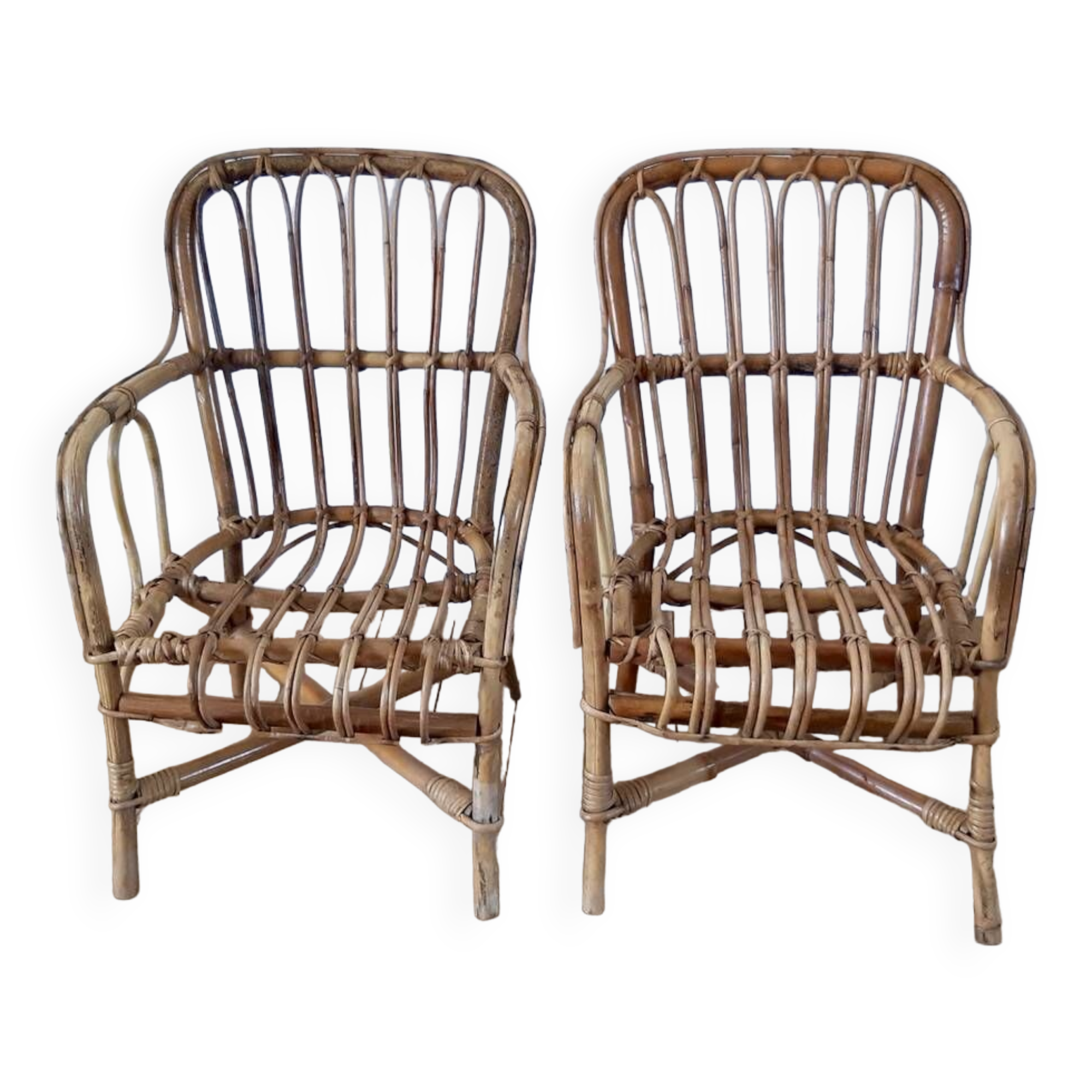 Pair of children's armchairs in rattan / bamboo honey color 60s