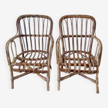 Pair of children's armchairs in rattan / bamboo honey color 60s