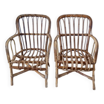 Pair of children's armchairs in rattan / bamboo honey color 60s