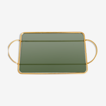 Serving tray in brass and Italian green smoked glass 50s