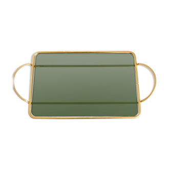 Serving tray in brass and Italian green smoked glass 50s