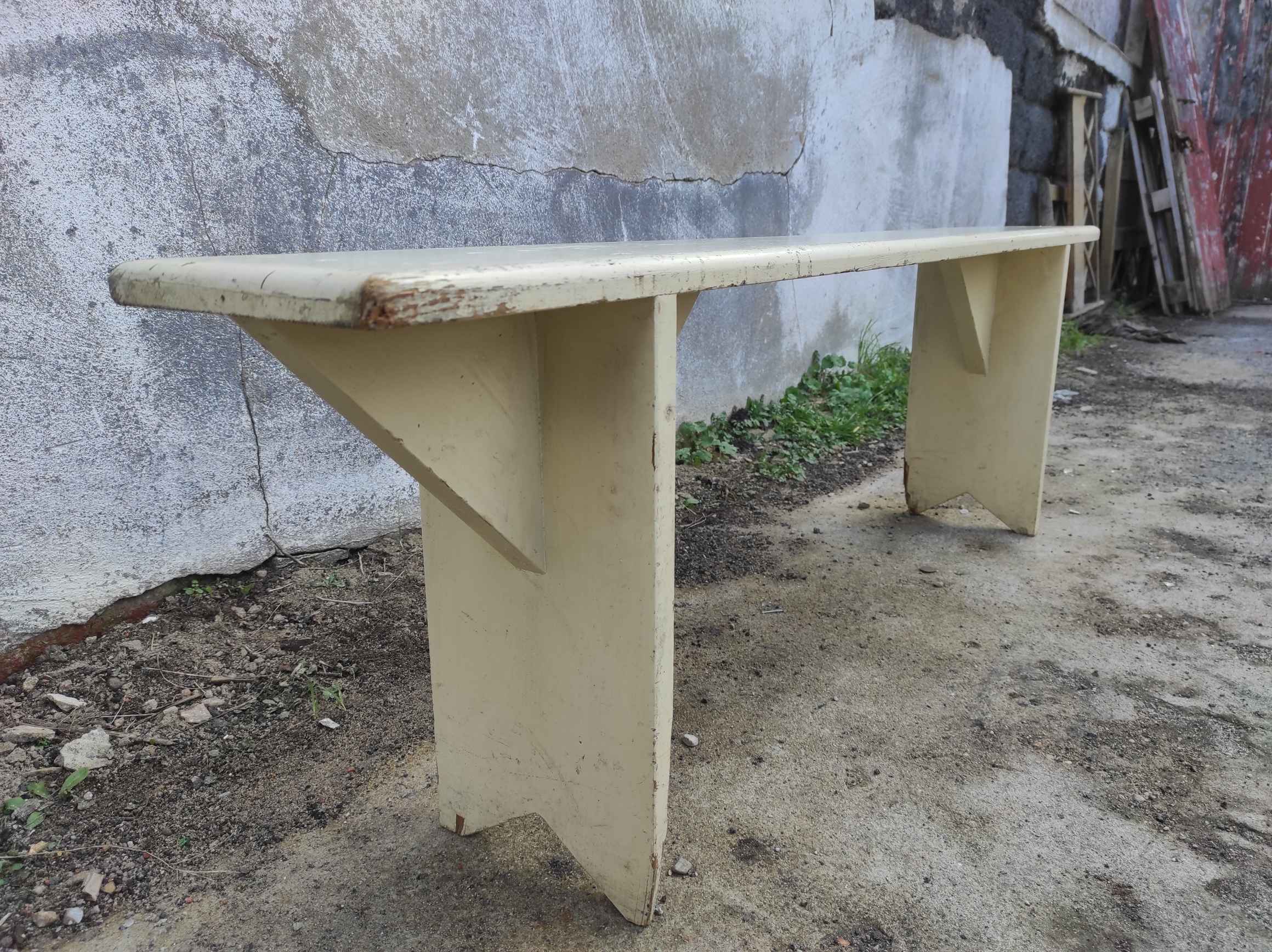 Old wooden farm bench vintage white fir industrial cloakroom