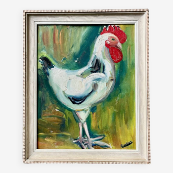 Rooster painting oil on panel signed wooden frame