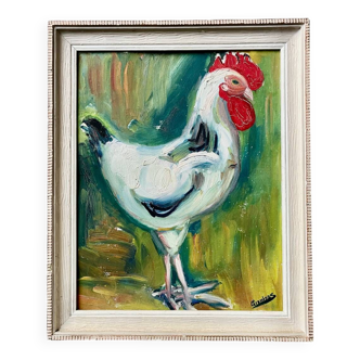 Tableau coq huile sur panneau signé cadre bois