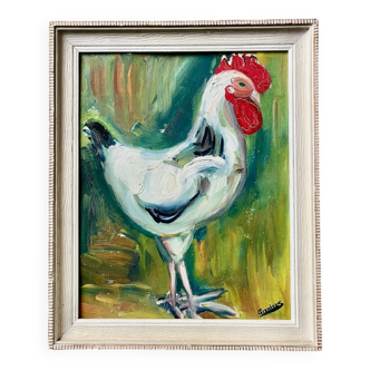 Rooster painting oil on panel signed wooden frame