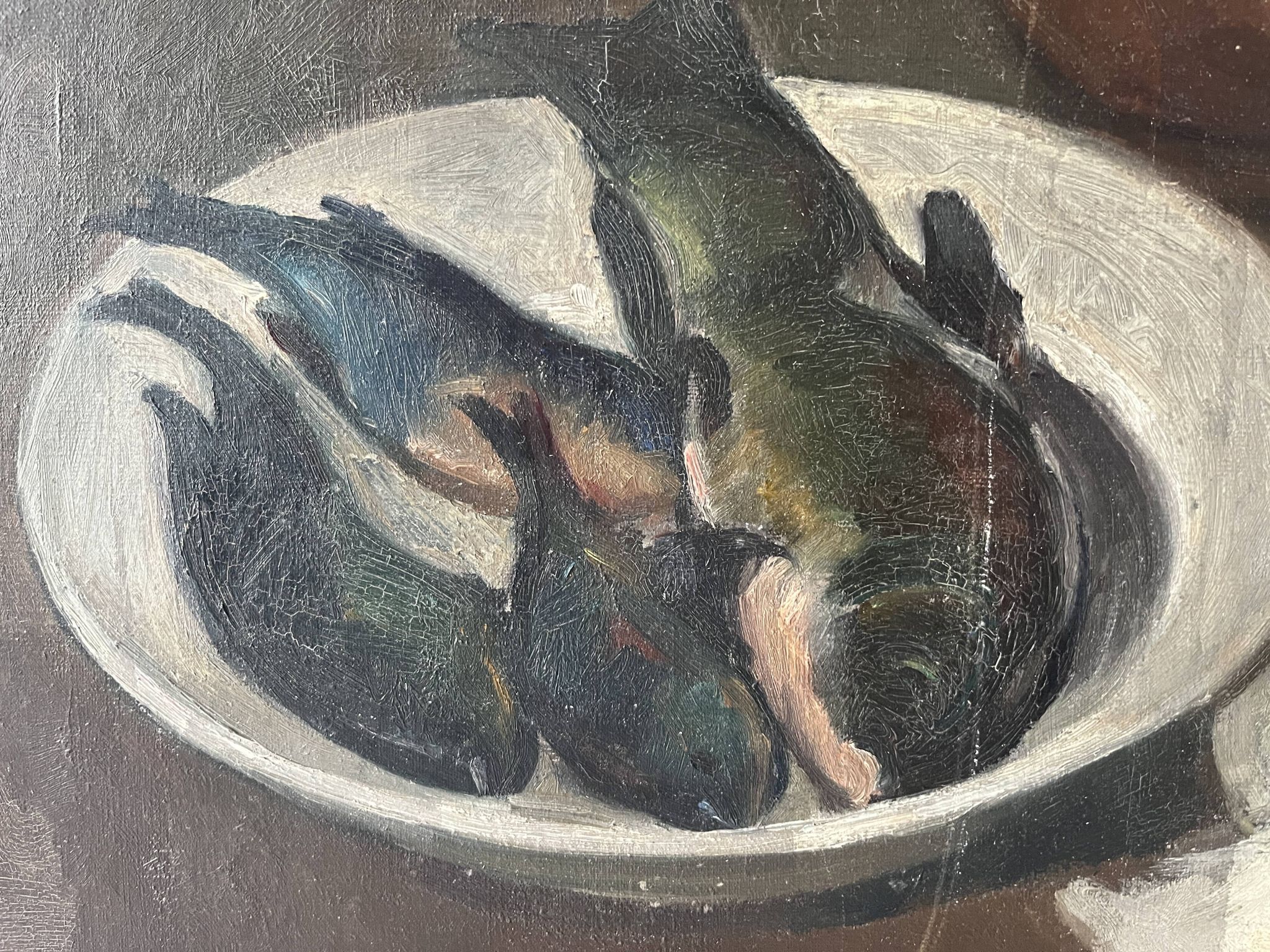 Oil on canvas still life with fish from the 1920s, antique painting.