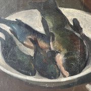Oil on canvas still life with fish from the 1920s, antique painting.