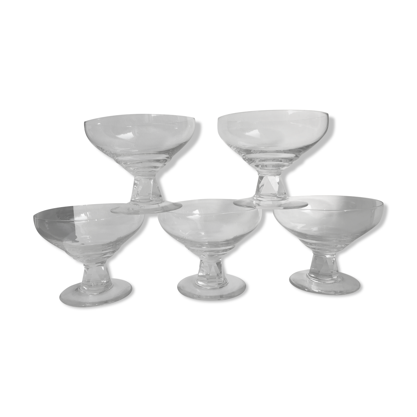 Set of 5 crystal champagne glasses faceted feet art deco 20-30s