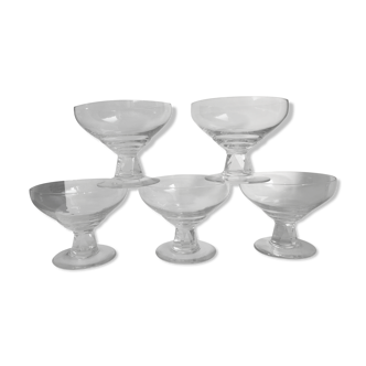 Set of 5 crystal champagne glasses faceted feet art deco 20-30s