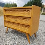 Vintage chest of drawers 3 drawers in oak and rattan - 60s