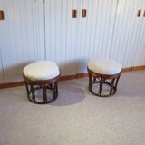 pretty pair of 2 bamboo and rattan stools with cushions - 80s - Vintage - set of 2