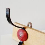 Industrial vintage coat rack 3 hooks in black and red metal
