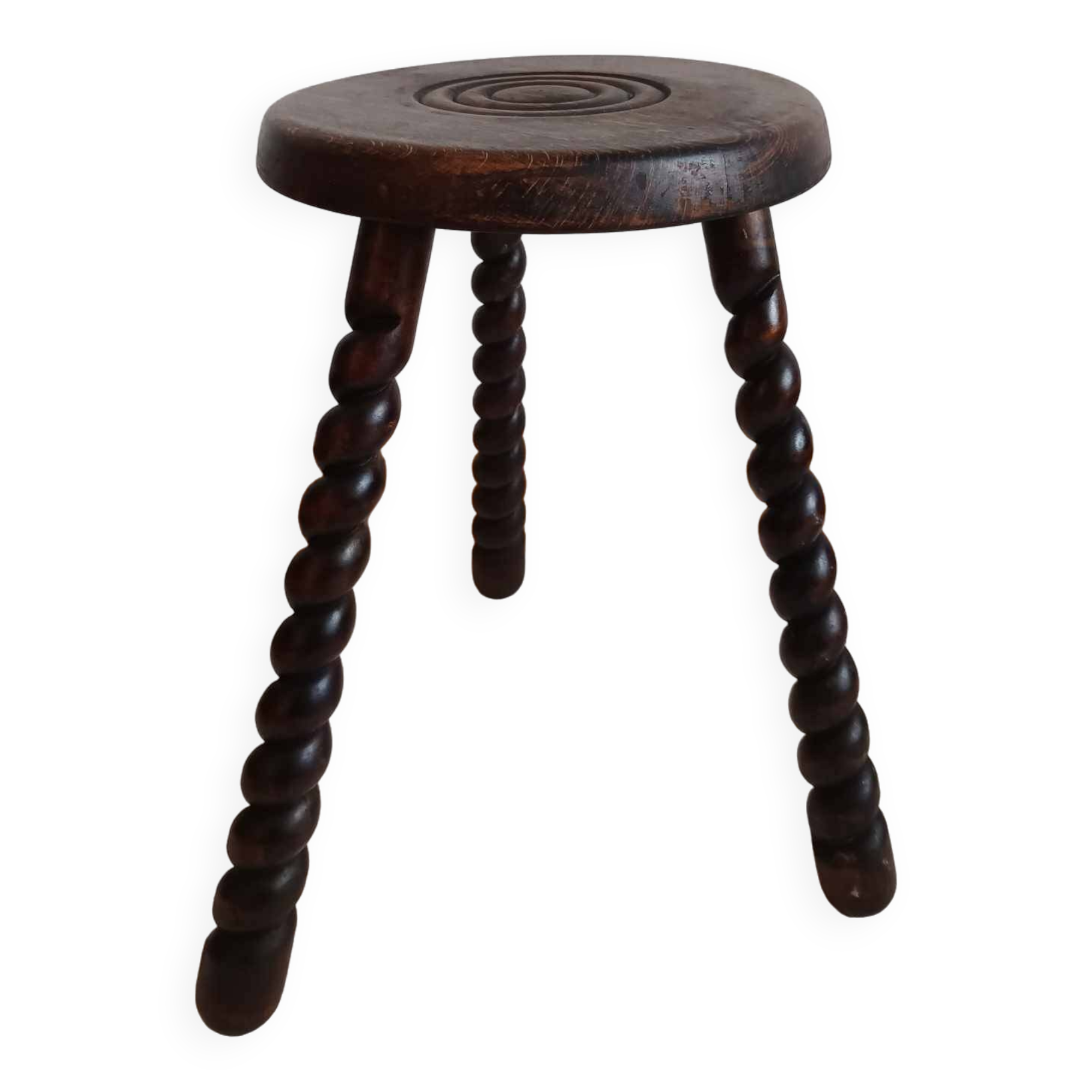Brutalist tripod stool with twisted legs