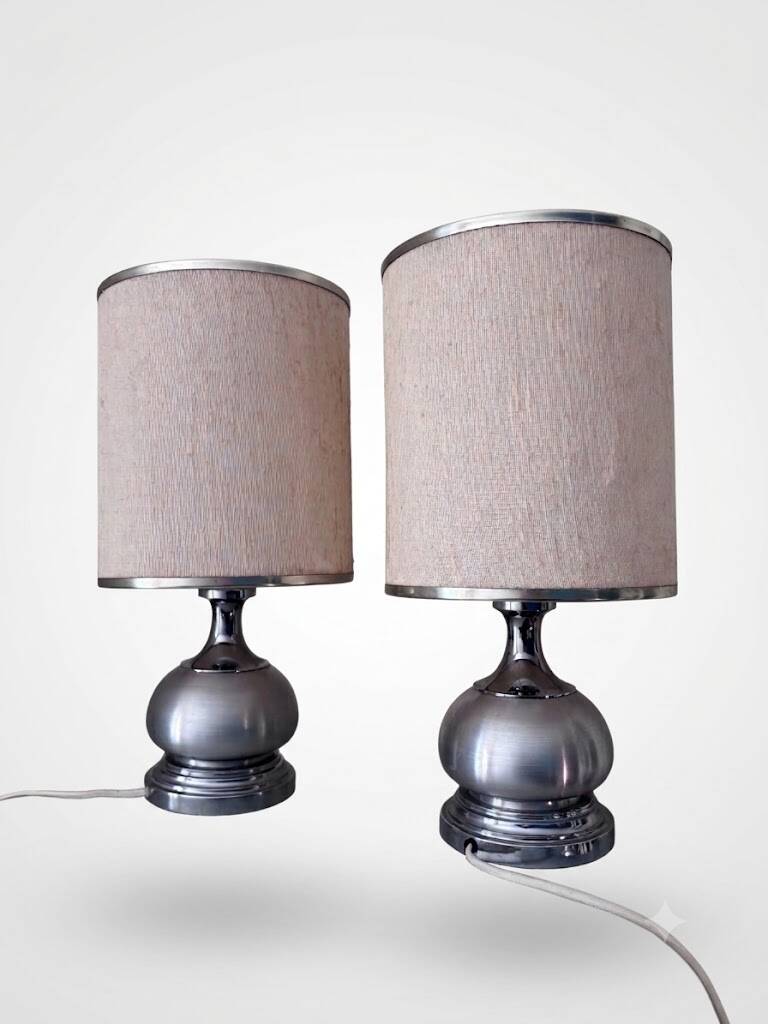 Vintage 1970s Chrome Brushed Metal Bedside Lamps Rewired Space Age