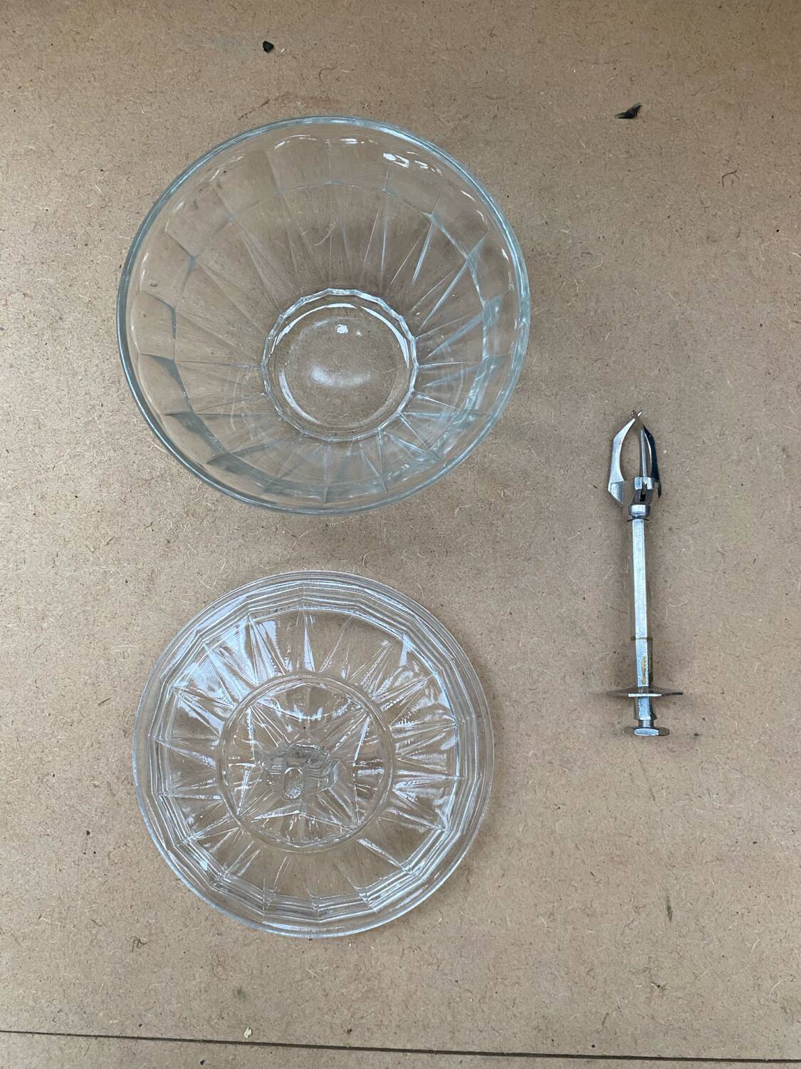 Old Molded Glass Candy Box + Sugar Tongs