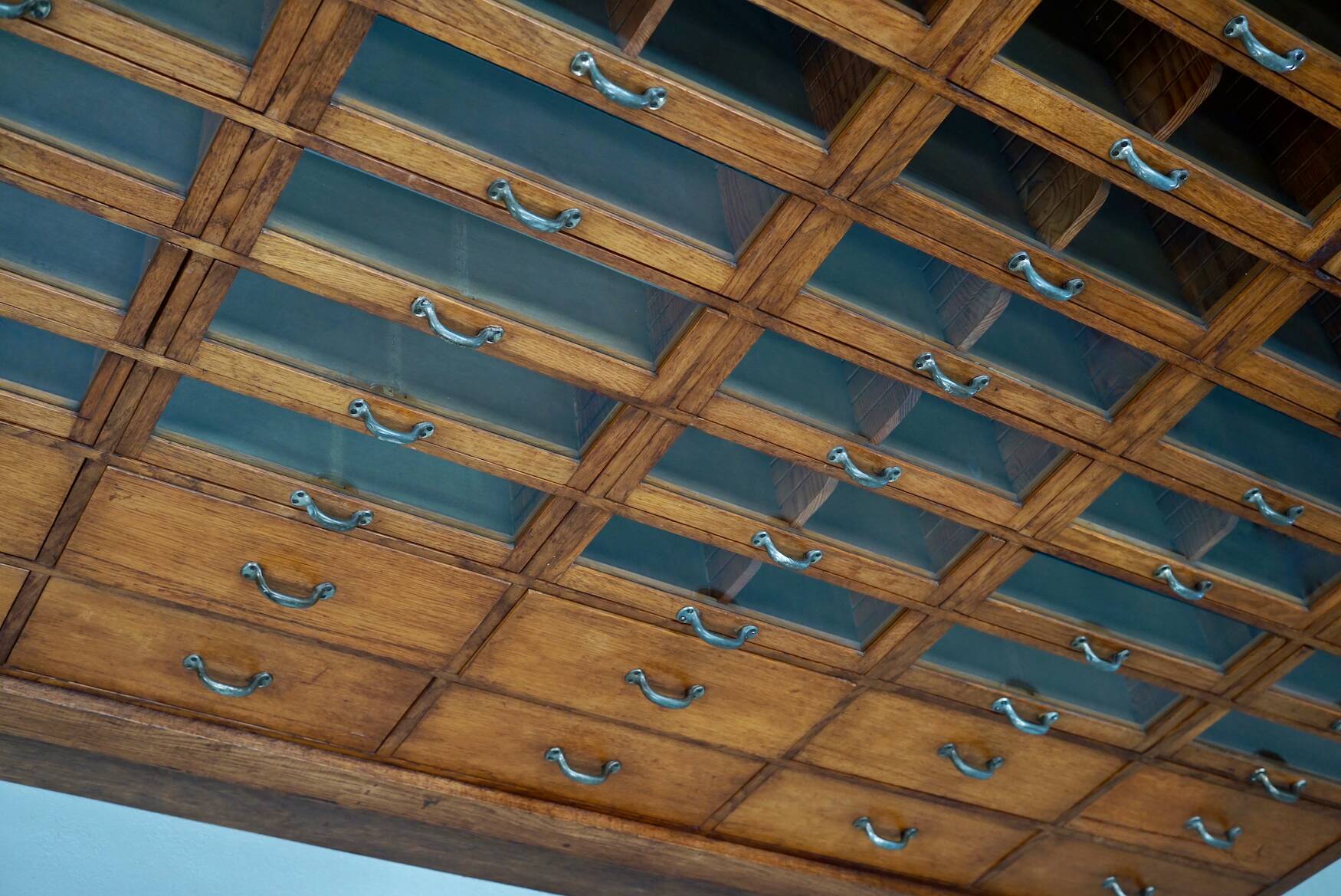 Large vintage German oak haberdashery shop cabinet, 1940s
