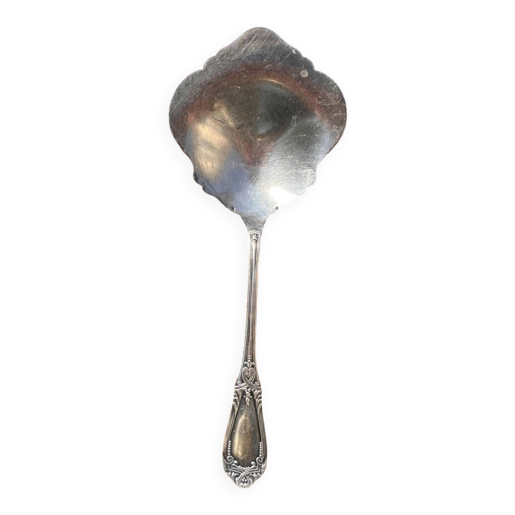 Strawberry spoon or antique Art Nouveau fruit salad in silver metal.