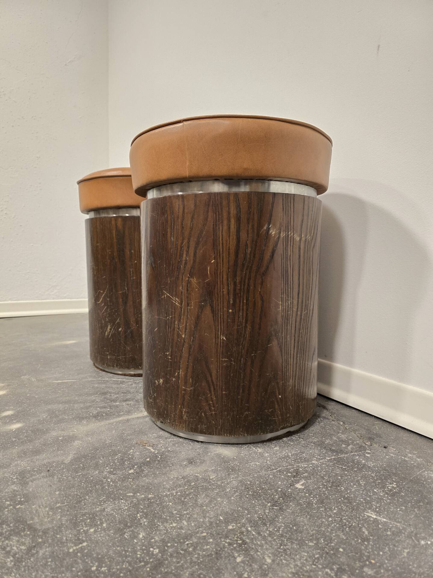 1970s Vintage Wooden Stool – Faux Leather Cushion & Aluminium Trim
