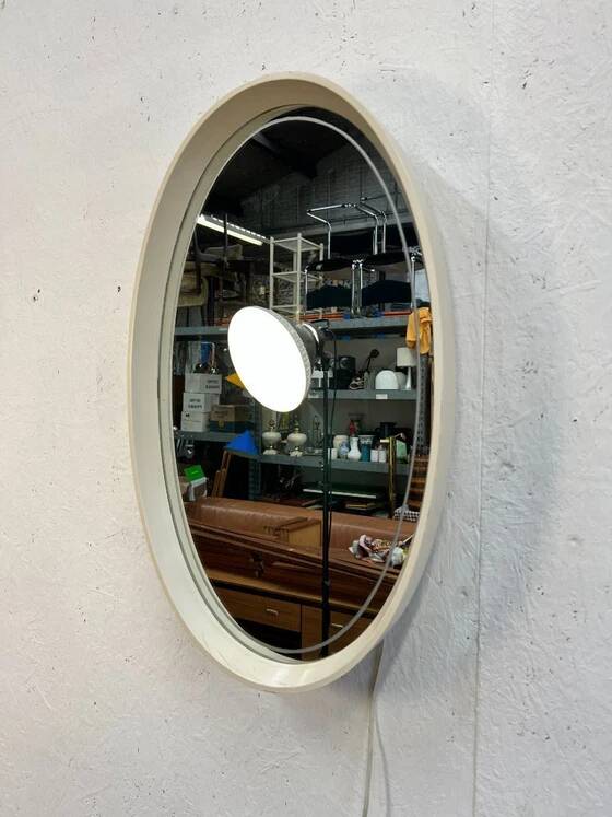 Vintage Oval Mirror with Lighting in Wooden Frame, Hillebrand Germany 1970s