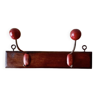 Vintage coat rack - double coat hook - red wooden balls