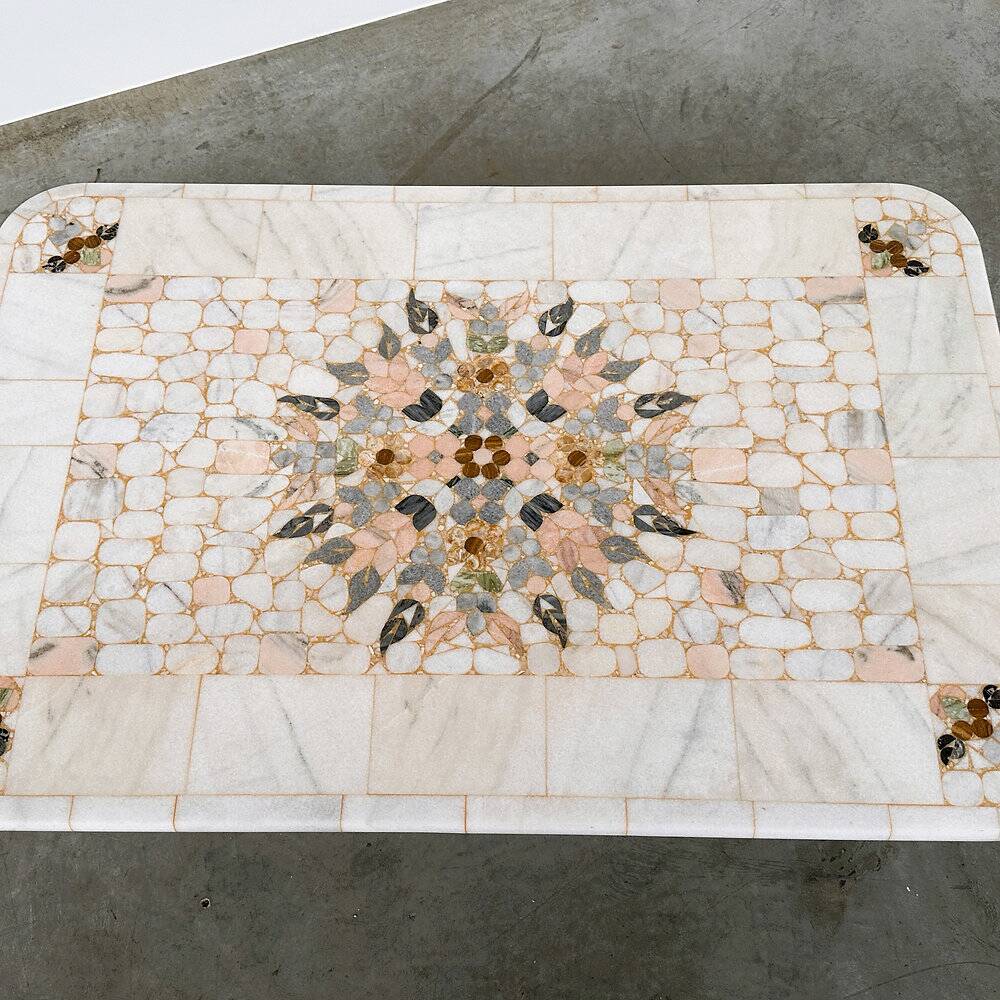 Large Italian pietra dura marble mosaic coffee table, floral inlay, Carrara marble