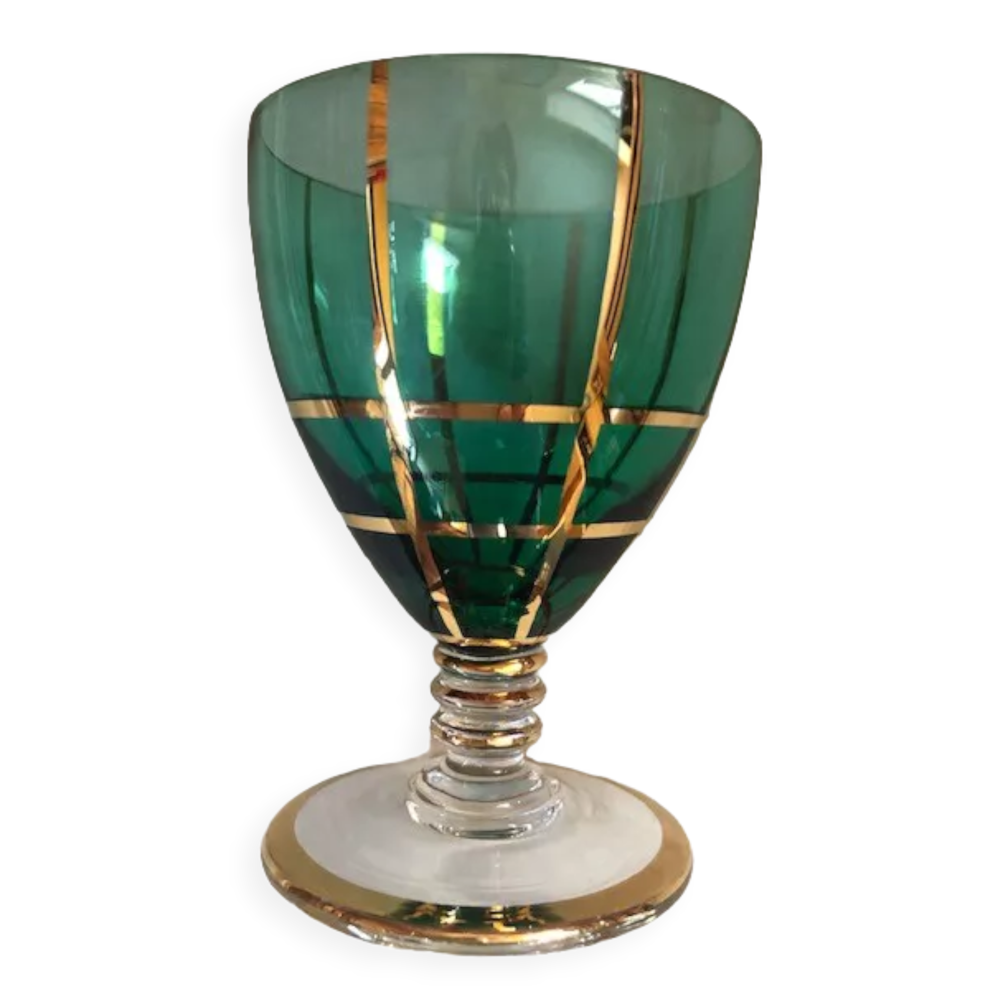 Set of 6 green and gold stemmed glasses