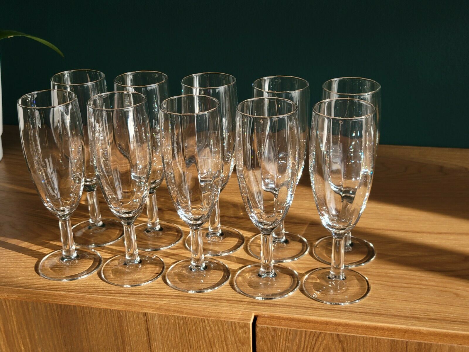 10 vintage champagne flutes in faceted glass