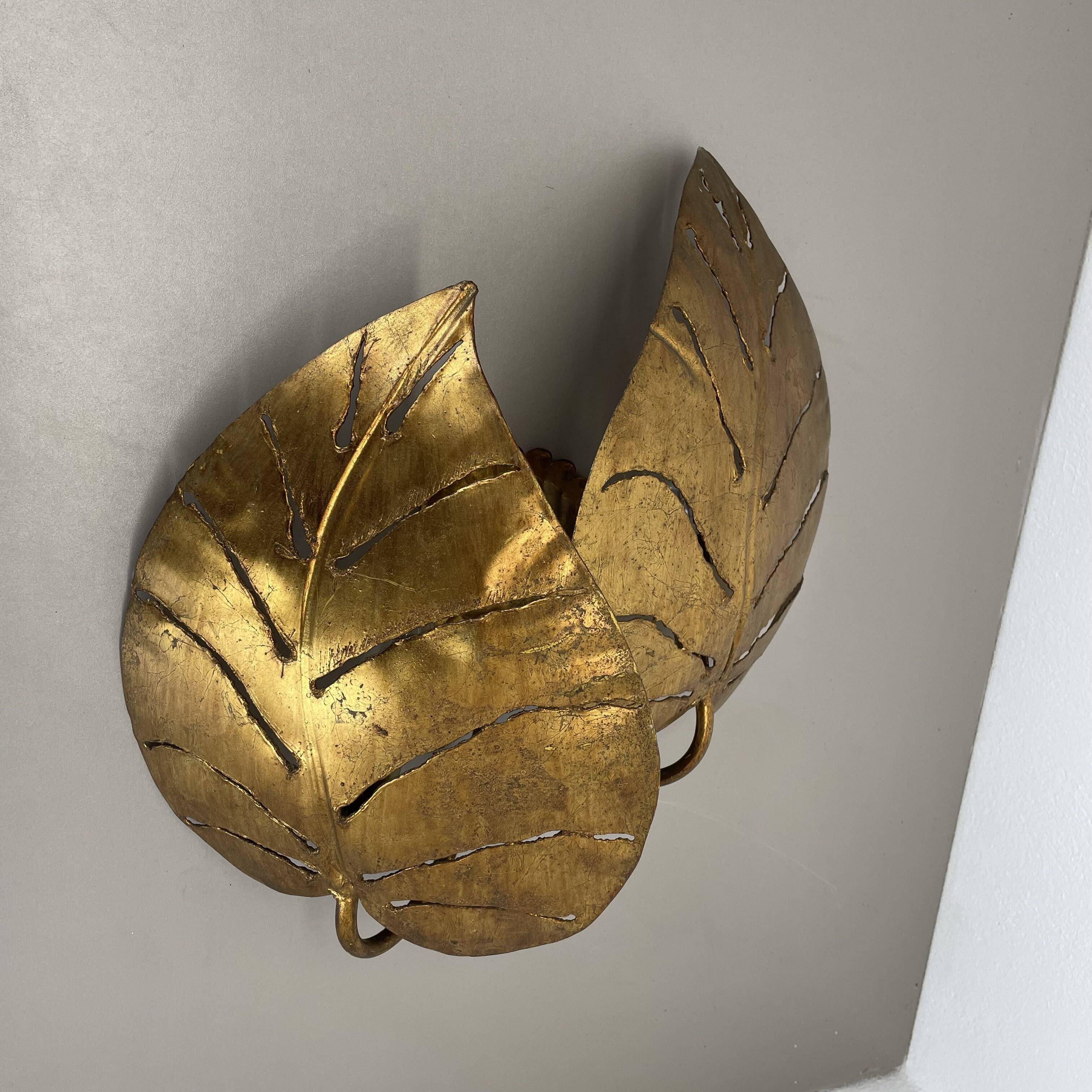 Golden metal "monstera" leaf wall light sconce, france, 1970s