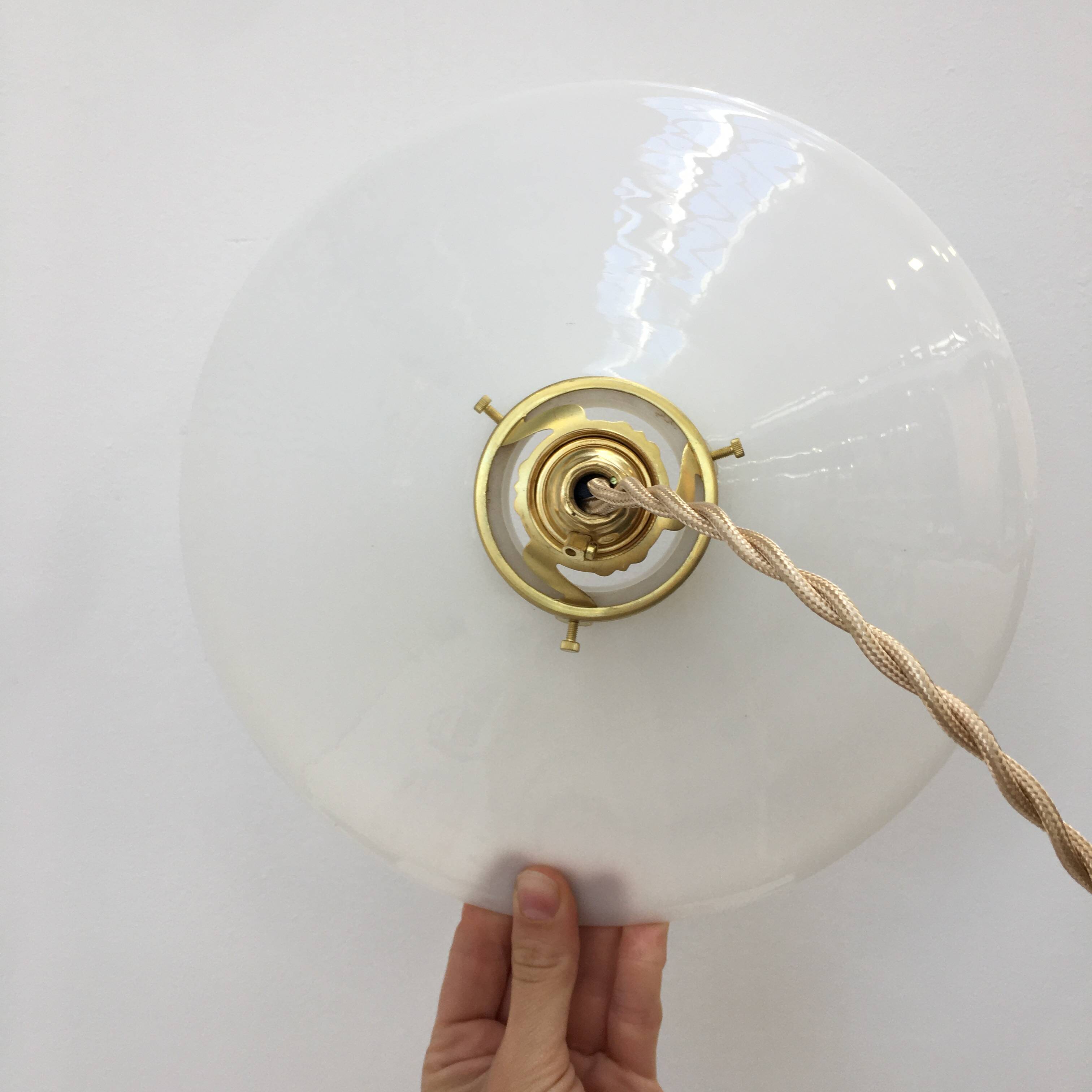 Series of two vintage pendant lights in white opaline