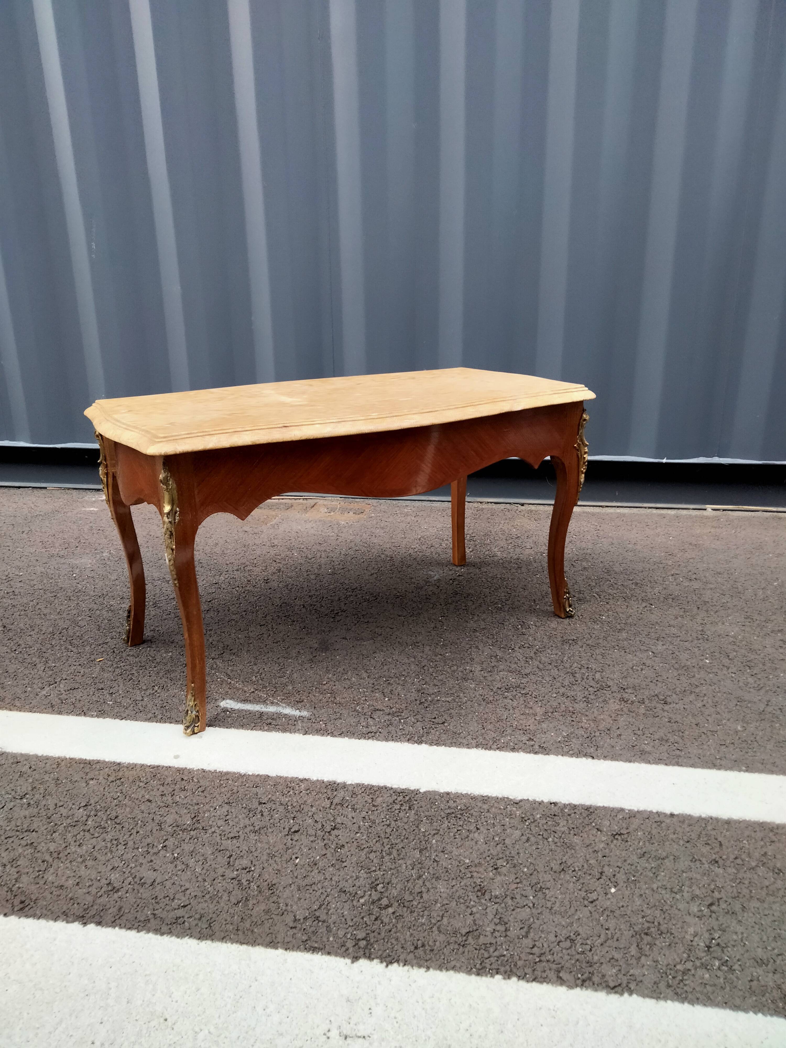 Old coffee table marquetry style louis xv marble top