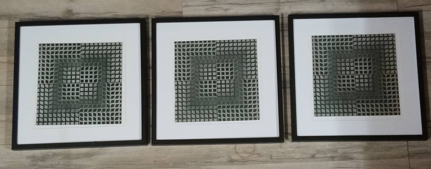 Trio Vintage Optical Art Tableaux - Victor Vasarely - Frames 40x40cm