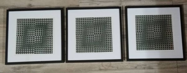 Trio Tableaux Vintage Art Optique - Victor Vasarely - Cadres 40x40cm