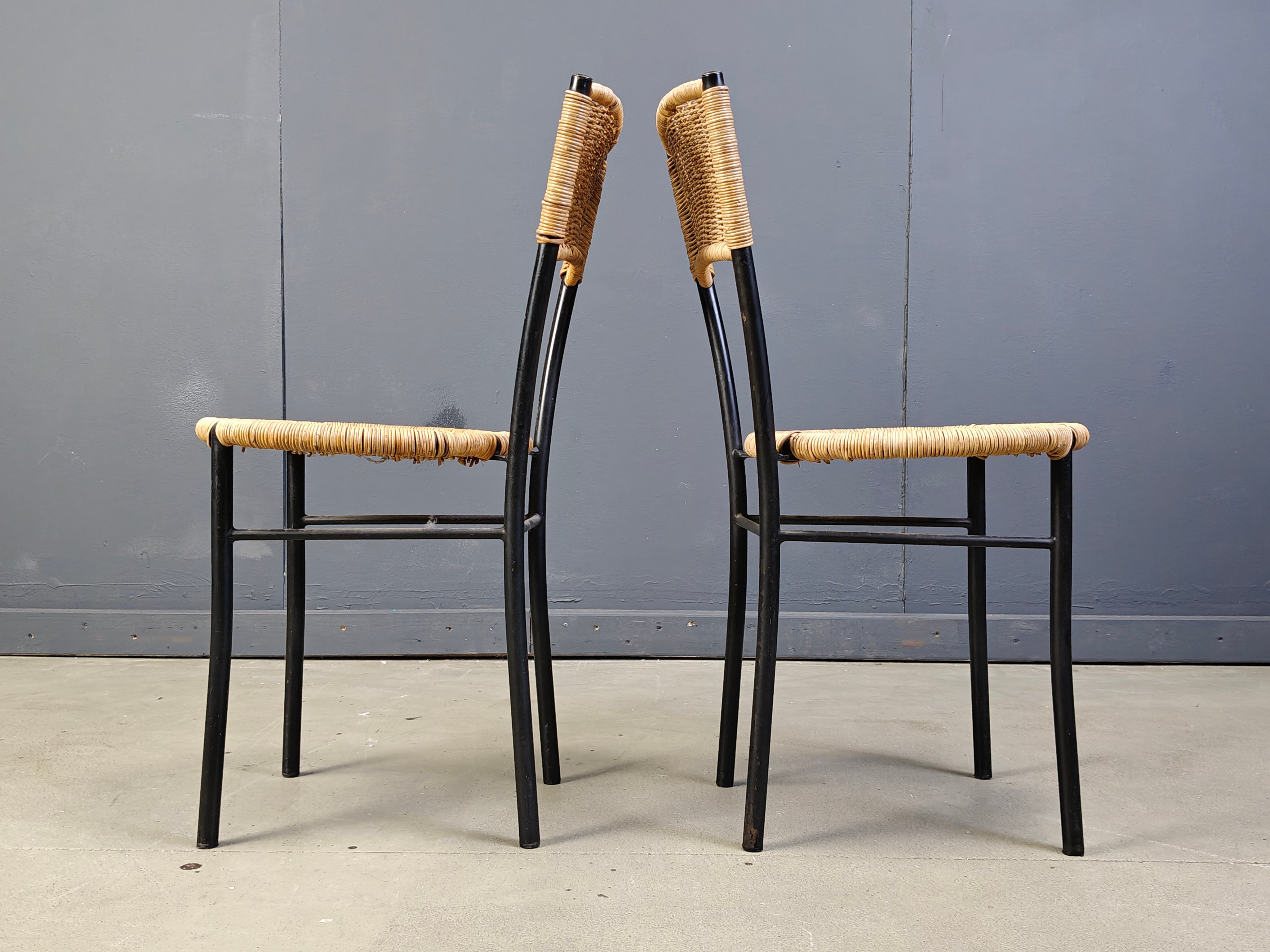 Wicker and metal dining chairs, 1980s - set of 4