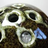 Brown and green glazed stoneware flower holder, vintage craftsmanship from the 1970s-1980s.