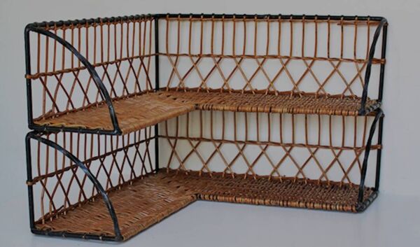 Paire d'étagères d'angle en osier à structure métallique