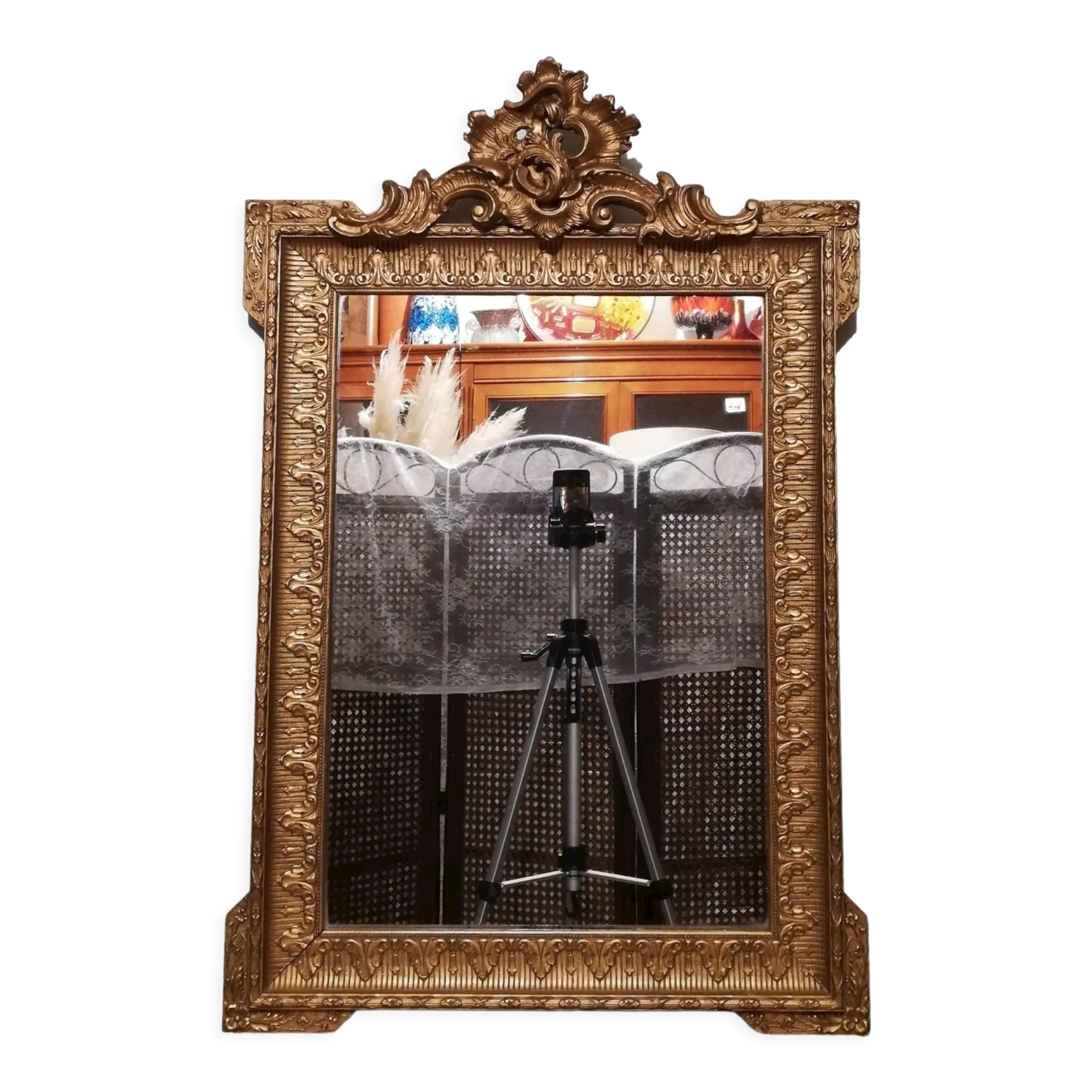 Mirror with pediment rocaille in gilded wood and stucco Louis XV style