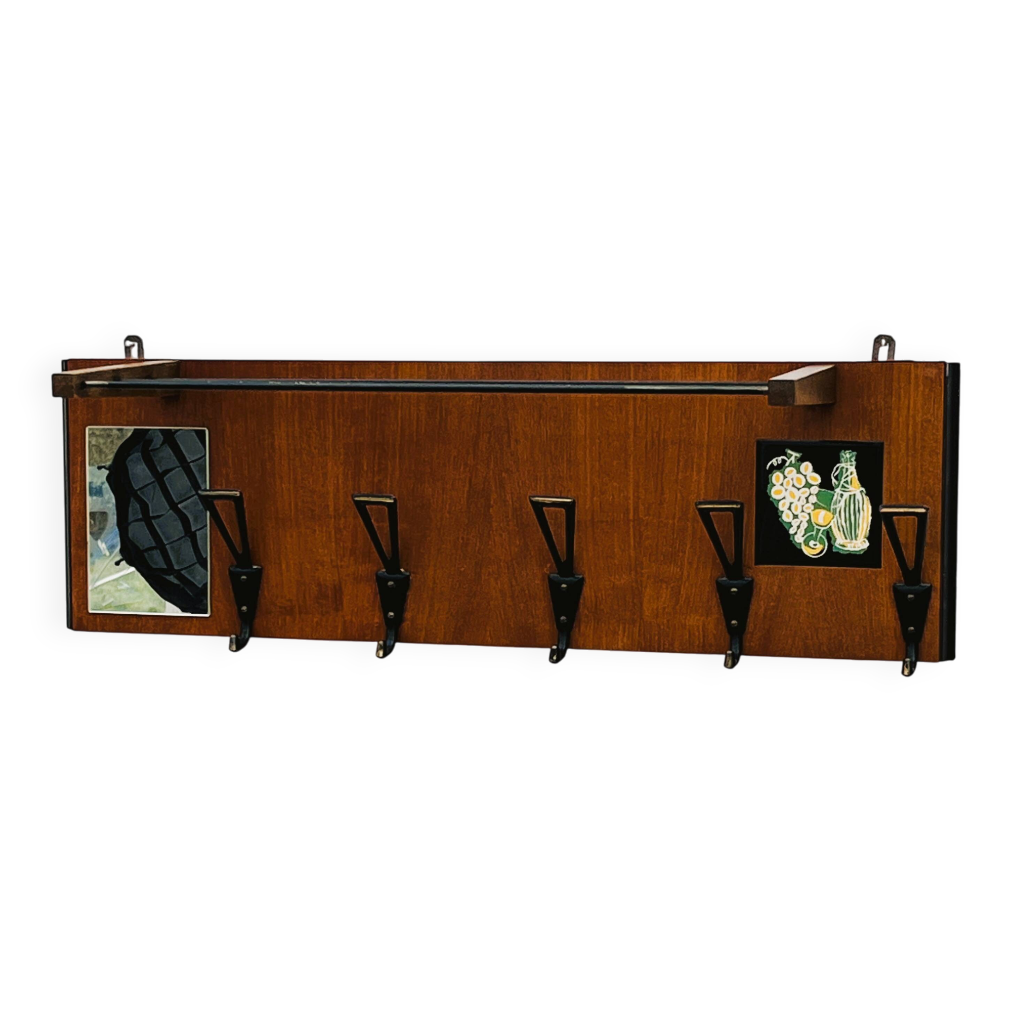 Vintage wooden wall coat rack mirror from the 1960s.